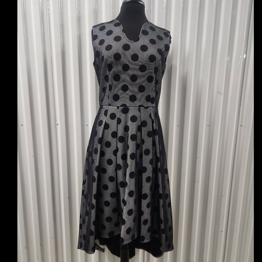 Samuel Dong Sleeveless Hi-Low Black Polka-Dot Mesh Overlay Dress